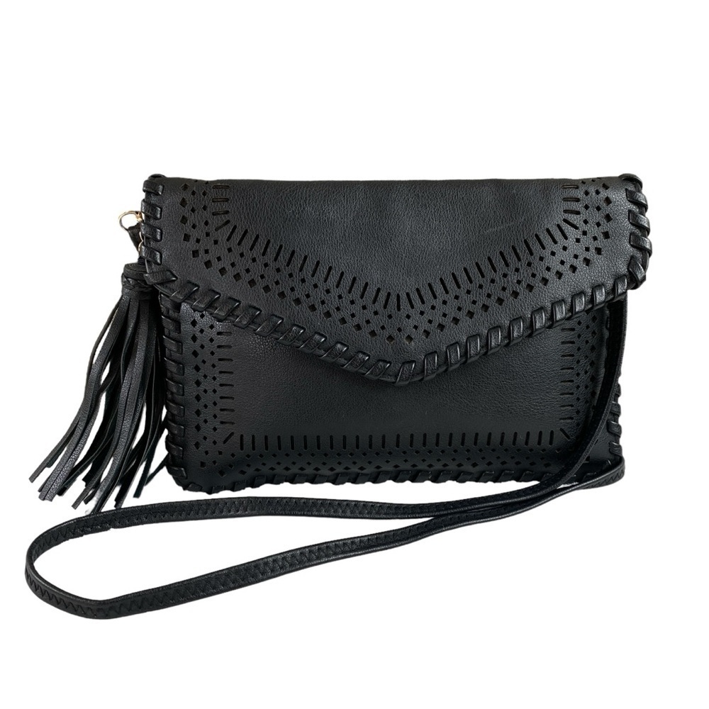 Unbranded Vegan Leather Black Envelope Perforated Clutch Crossbody‎ Shoulder Bag